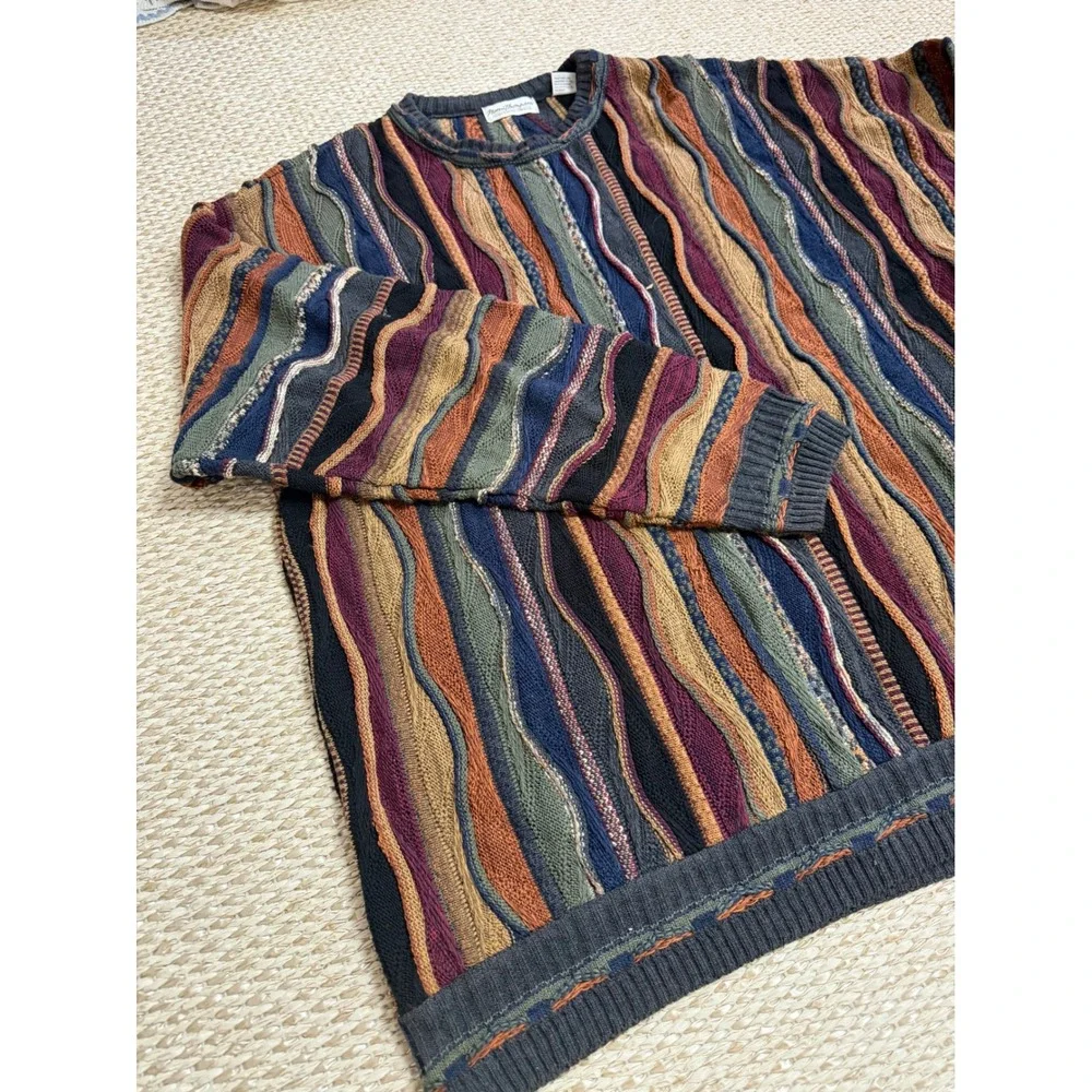 Norm Thompson XL 3D Knit Sweater Multicolor Vertical Wave Coogi Style vintage
